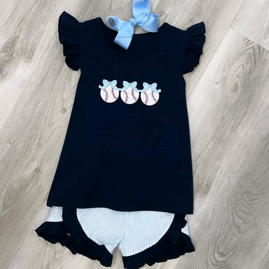 (Pre-order)GSSO2661 Baseball Navy Top Stripes Shorts Girls Summer Clothes Set