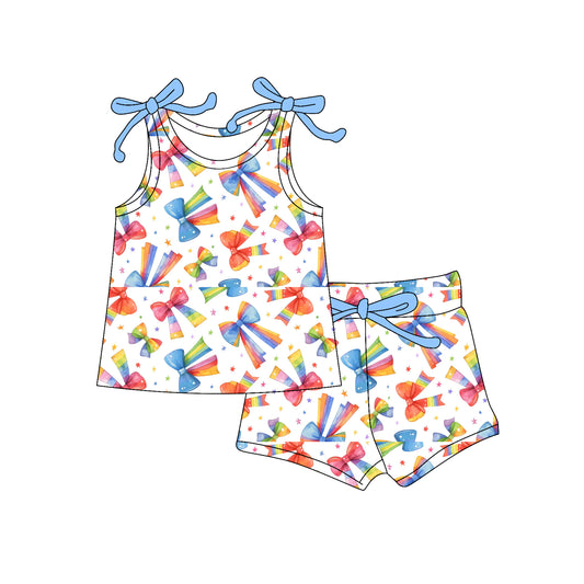 (Pre-order)GSSO2662 Rainbow Bows Top Shorts Girls Summer Clothes Set