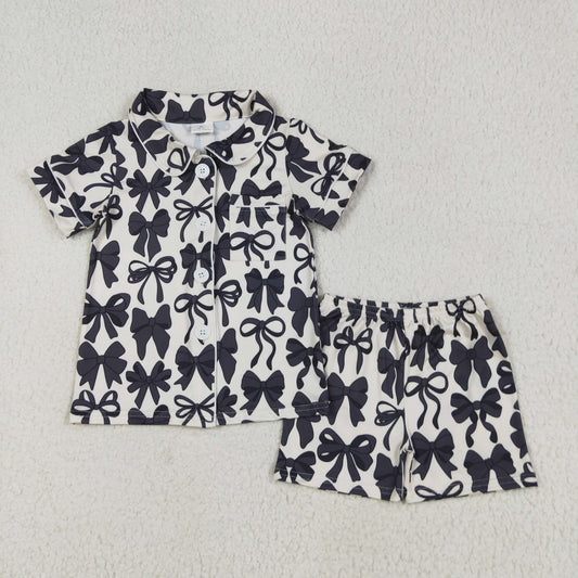 GSSO2663  Black Bows Print Girls Buttons Summer Pajamas Clothes Set