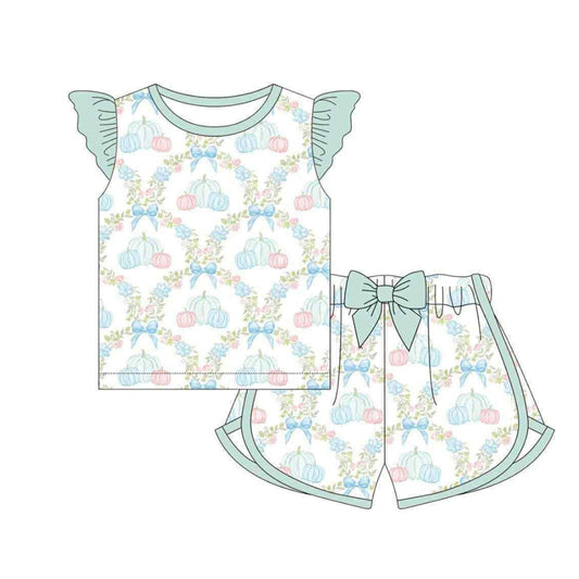 (Pre-order)GSSO2667 Flowers Pumpkin Flutter Top Bow Shorts Girls Fall Clothes Set