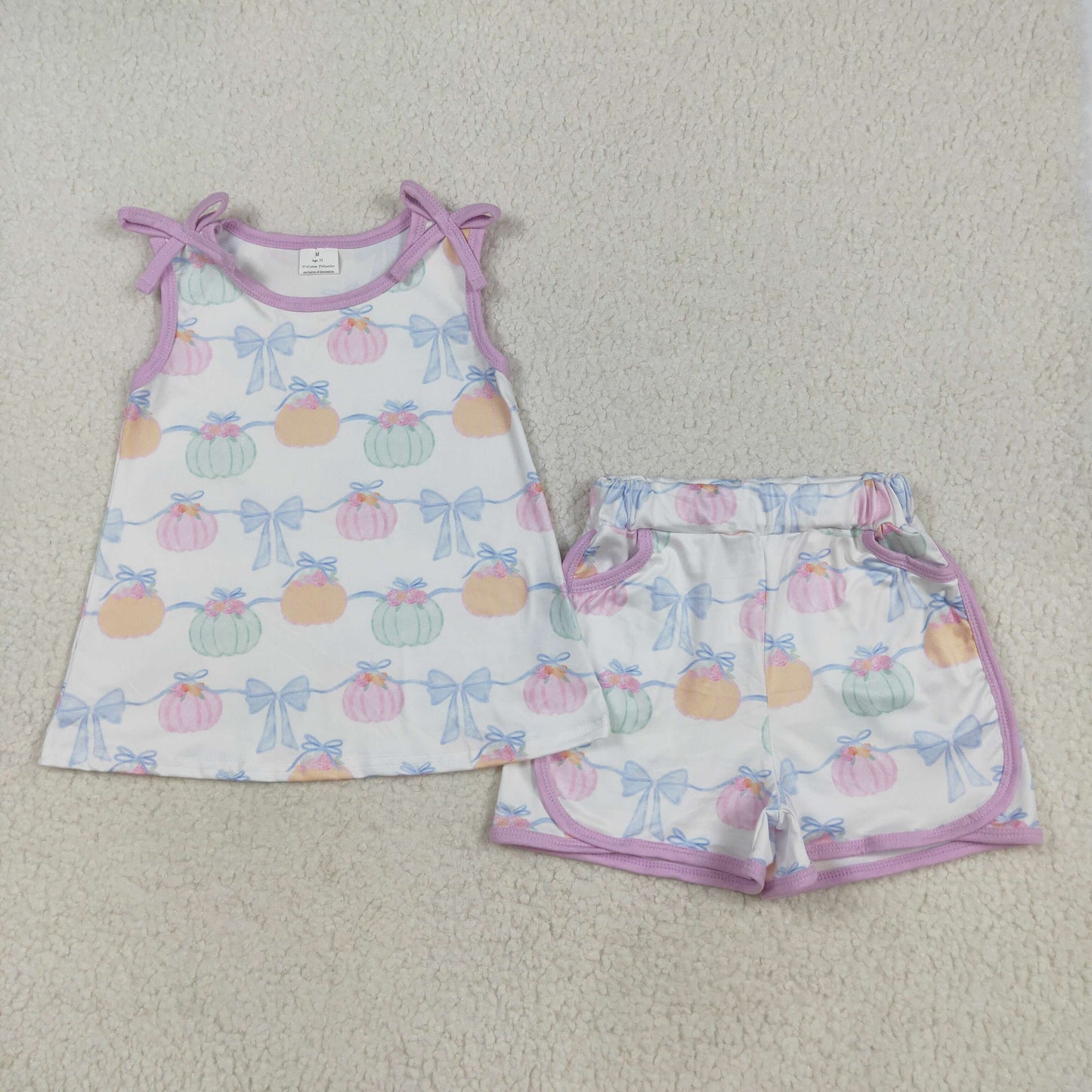 GSSO2668 Pumpkin Bows Top Pockets Shorts Girls Fall Clothes Set