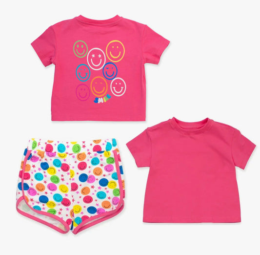 (Pre-order)GSSO2671 Hot Pink Top Colorful Smiling Face Shorts Girls Summer Clothes Set