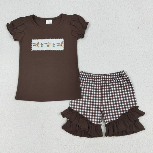 GSSO2672 Duck Embroidery Brown Top Plaid Shorts Girls Summer Clothes Set