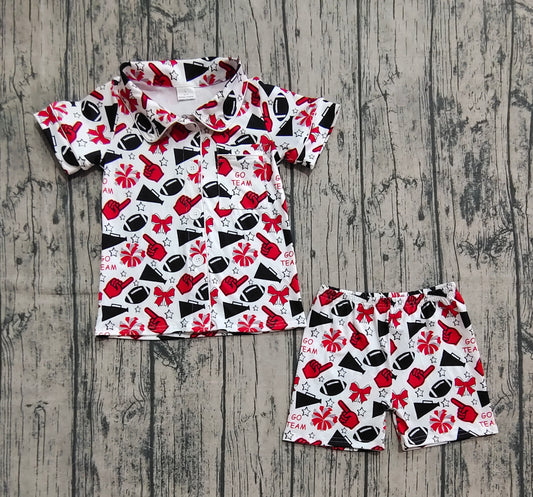 (Pre-order)GSSO2674  Cheer Red GO TEAM Bows Print Girls Buttons Summer Pajamas Clothes Set