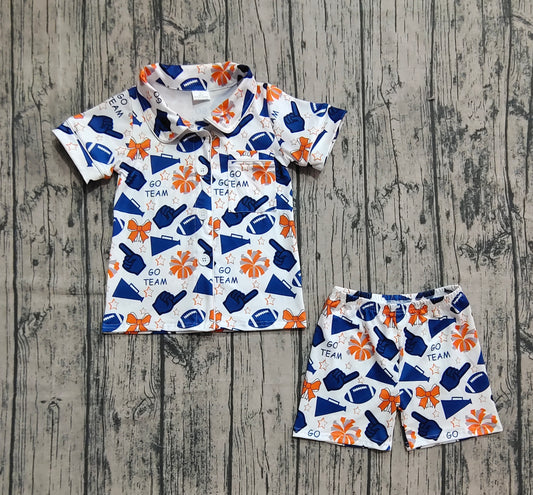 (Pre-order)GSSO2675  Cheer Navy GO TEAM Bows Print Girls Buttons Summer Pajamas Clothes Set