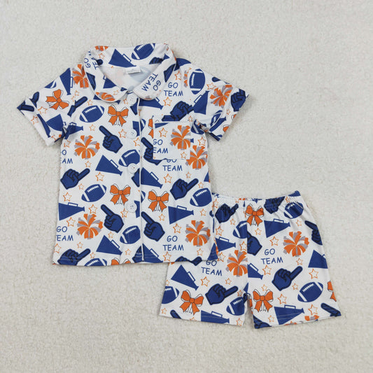 GSSO2675  Cheer Navy GO TEAM Bows Print Girls Buttons Summer Pajamas Clothes Set