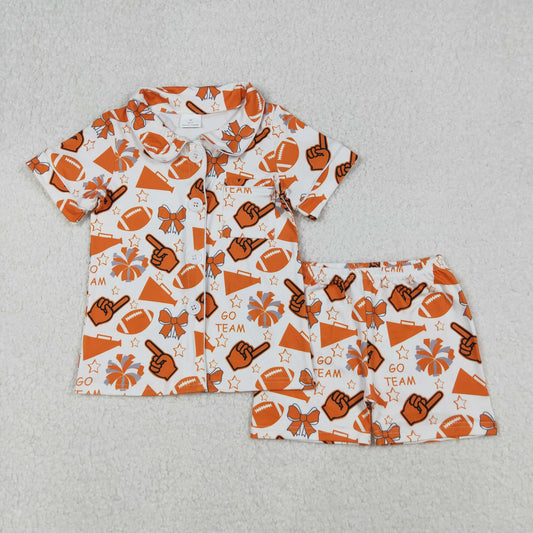 GSSO2676 Cheer Orange GO TEAM Bows Print Girls Buttons Summer Pajamas Clothes Set
