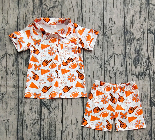 (Pre-order)GSSO2676  Cheer Orange GO TEAM Bows Print Girls Buttons Summer Pajamas Clothes Set