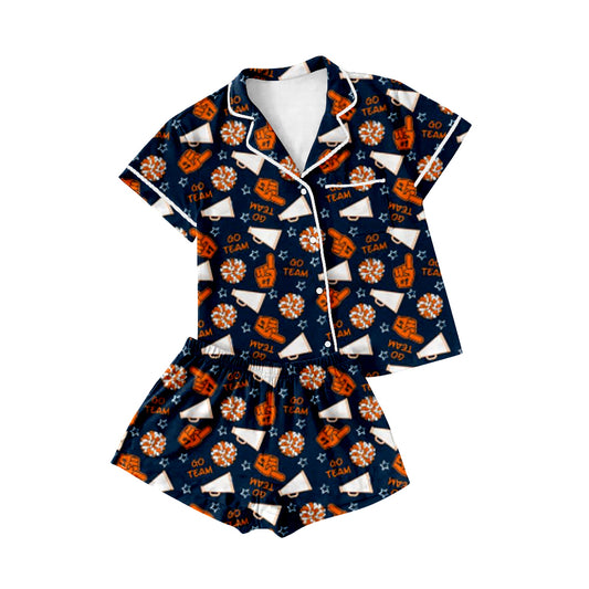(Pre-order)GSSO2677  Cheer Orange GO TEAM Print Girls Buttons Summer Pajamas Clothes Set
