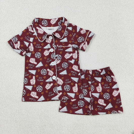 GSSO2678  Cheer Wine GO TEAM Print Girls Buttons Summer Pajamas Clothes Set