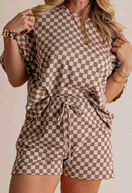 (Pre-order)GSSO2680  Adult Brown Plaid Print Shorts Woman Summer Clothes Set