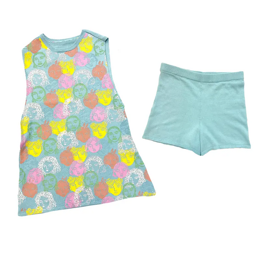 (Pre-order)GSSO2681 Colorful Face Tunic Top Blue Shorts Girls Summer Clothes Set
