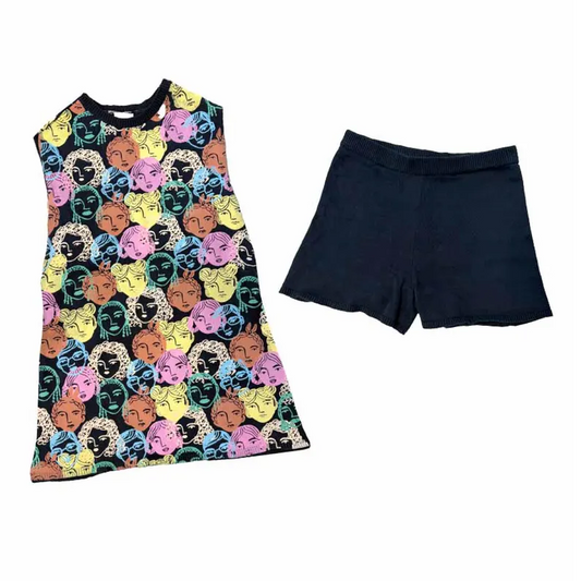 (Pre-order)GSSO2682 Colorful Face Tunic Top Black Shorts Girls Summer Clothes Set