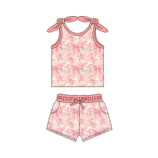 (Pre-order)GSD2683 Pink Camo Bows Tank Top Shorts Girls Summer Clothes Set