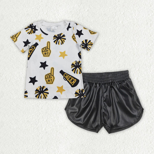 GSSO2685 Cheer Yellow Top Black Pleather Shorts Girls Summer Clothes Set