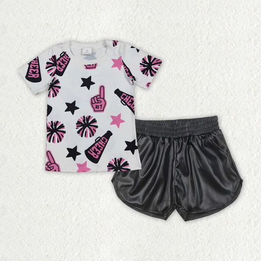 GSSO2686 Cheer Pink Top Black Pleather Shorts Girls Summer Clothes Set