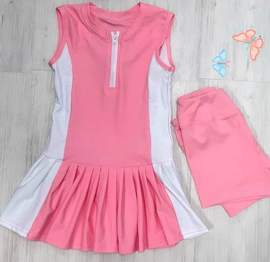 (Pre-order)GSSO2687 Pink Zipper Skirted Top Shorts Girls Summer Yoga Outfits