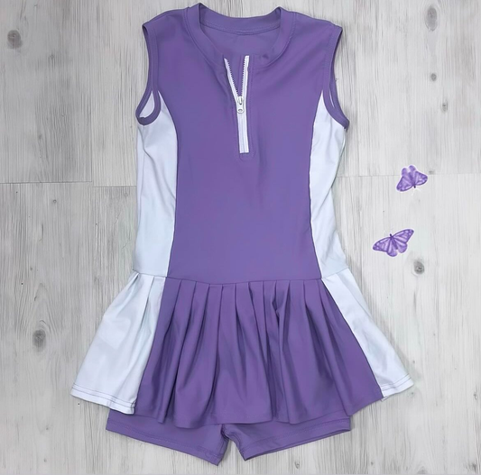 (Pre-order)GSSO2688 Purple Zipper Skirted Top Shorts Girls Summer Yoga Outfits