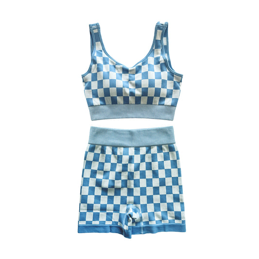 (Pre-order)GSSO2690  Adult Blue Plaid Tank Top Shorts Woman Summer Clothes Set