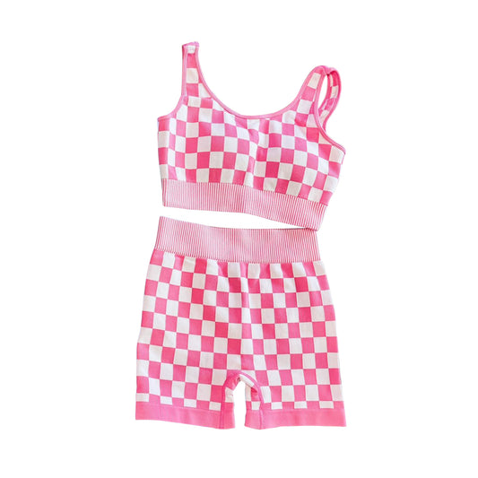 (Pre-order)GSSO2691  Adult Pink Plaid Tank Top Shorts Woman Summer Clothes Set