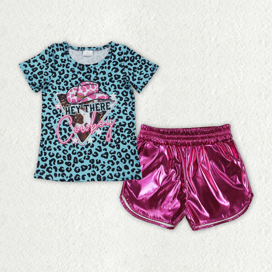 GSSO2692 Cowboy Leopard Top Pink Pleather Shorts Girls Summer Clothes Set