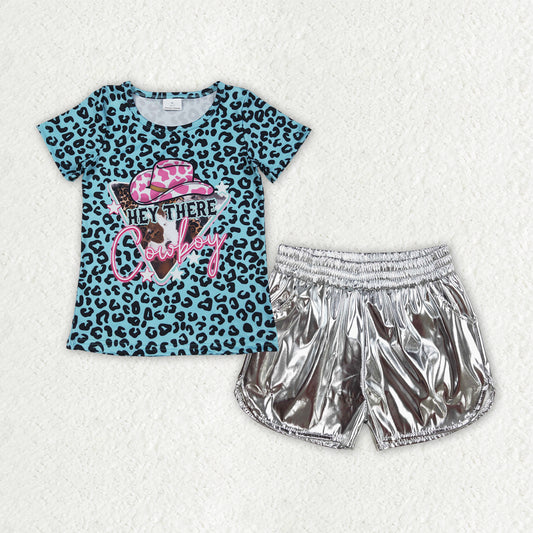 GSSO2693 Cowboy Leopard Top Silver Pleather Shorts Girls Summer Clothes Set