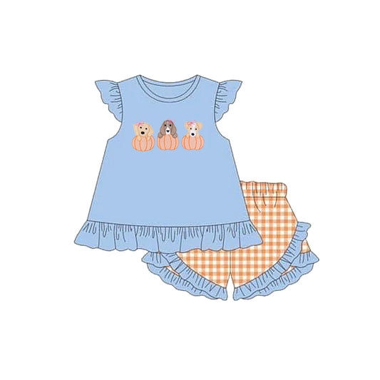 (Pre-order)GSSO2700 Dog Pumpkin Blue Top Plaid Shorts Boys Clothes Set