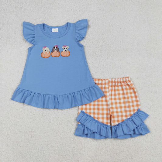 GSSO2700 Dog Pumpkin Embroidery Blue Top Plaid Shorts Girls Fall Clothes Set