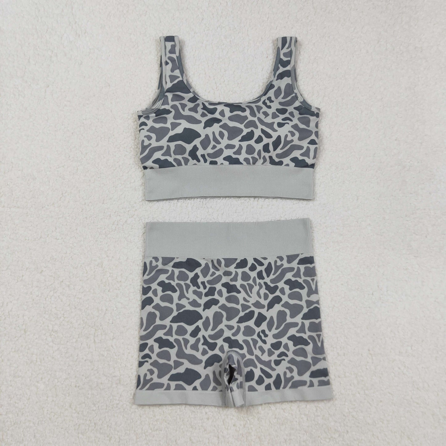 GSSO2702 Adult Grey Camo Crop Bra Top Shorts Woman Summer Yoga Clothes Set