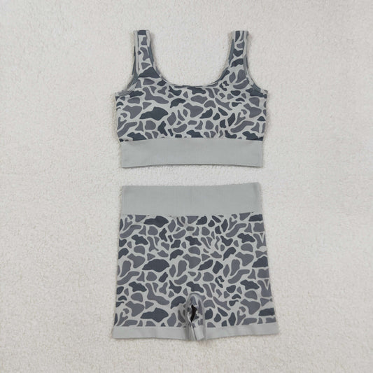 GSSO2702 Adult Grey Camo Crop Bra Top Shorts Woman Summer Yoga Clothes Set