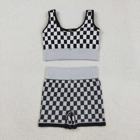 GSSO2703  Adult Black Plaid Crop Bra Top Shorts Woman Summer Yoga Clothes Set