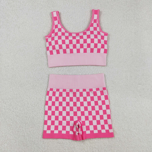 GSSO2704  Adult Pink Plaid Crop Bra Top Shorts Woman Summer Yoga Clothes Set