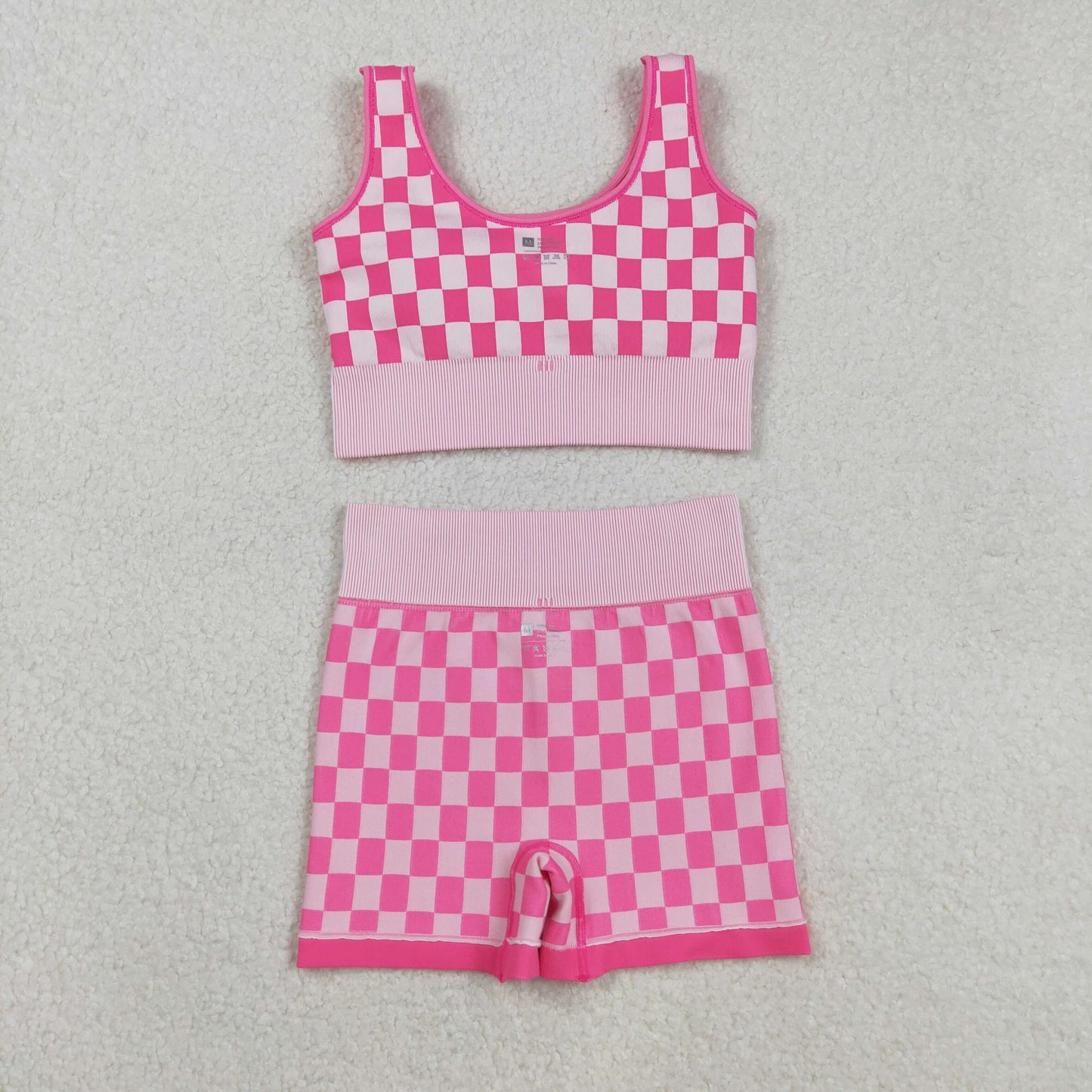 GSSO2704  Adult Pink Plaid Crop Bra Top Shorts Woman Summer Yoga Clothes Set