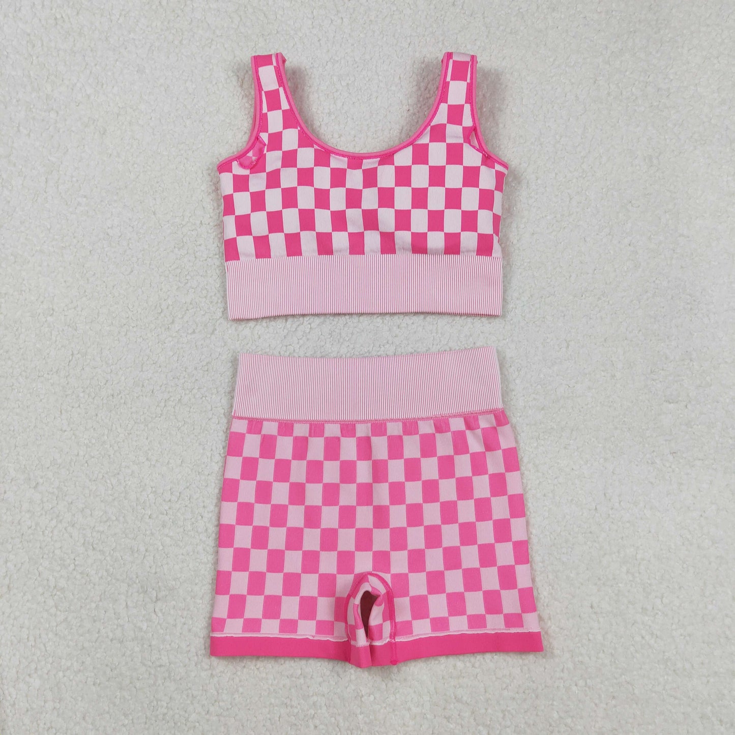 GSSO2704  Adult Pink Plaid Crop Bra Top Shorts Woman Summer Yoga Clothes Set