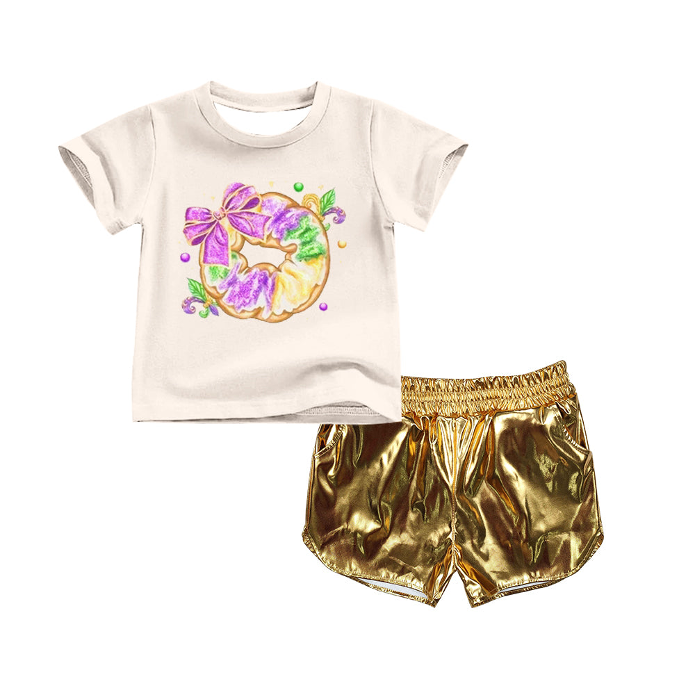 (Pre-order)GSSO2716 Donut Bows Top Gold Shorts Girls Mardi Gras Clothes Set