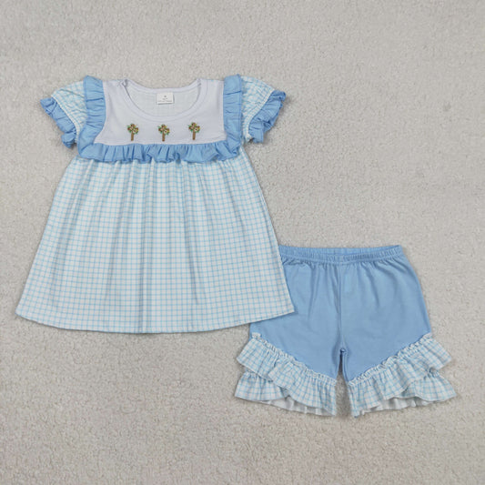 GSSO2718 Cross Embroidery Blue Plaid Tunic Top Ruffle Shorts Girls Easter Clothes Set