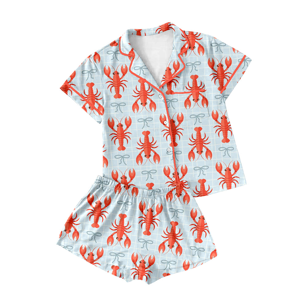 (Pre-order)GSSO2720  Adult Crayfish Bows Print Woman Summer Buttons Pajamas Clothes Set