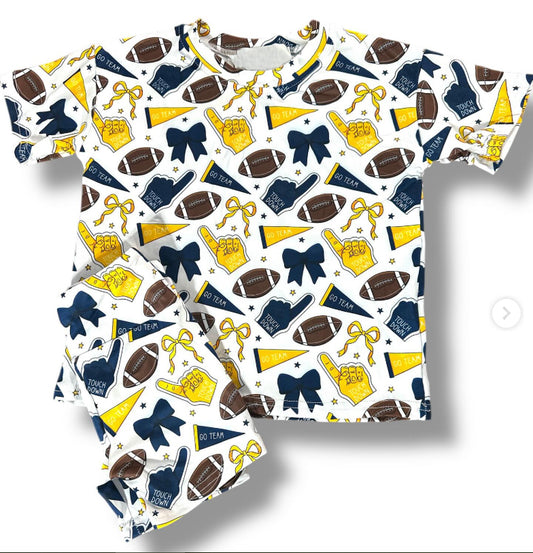 (Pre-order)GSSO2721  Yellow Navy Go Team Cheer Bows Print Girls Summer Clothes Set