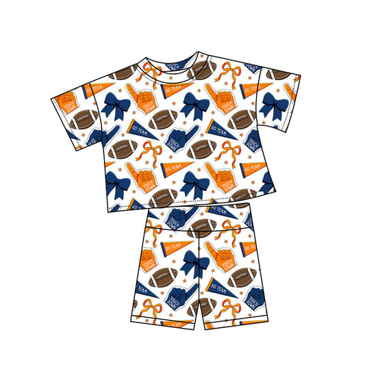 (Pre-order)GSSO2722  Orange Navy Go Team Cheer Bows Print Girls Summer Clothes Set