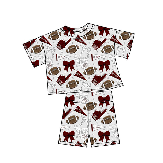 (Pre-order)GSSO2723  Wine White Go Team Cheer Bows Print Girls Summer Clothes Set