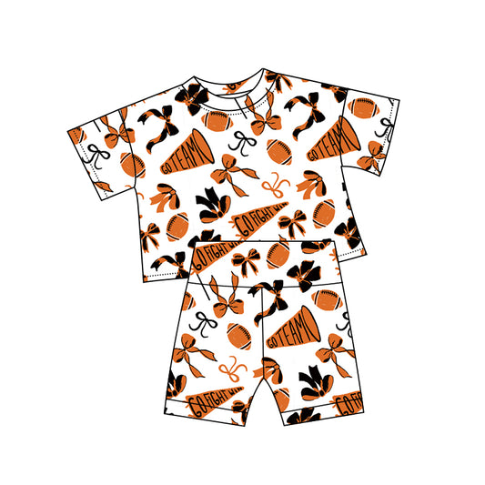 (Pre-order)GSSO2724  Orange Go Team Cheer Bows Print Girls Summer Clothes Set