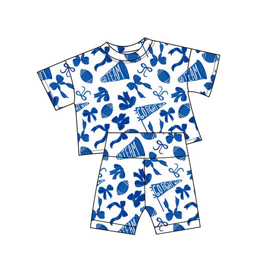 (Pre-order)GSSO2725  Blue Go Team Cheer Bows Print Girls Summer Clothes Set