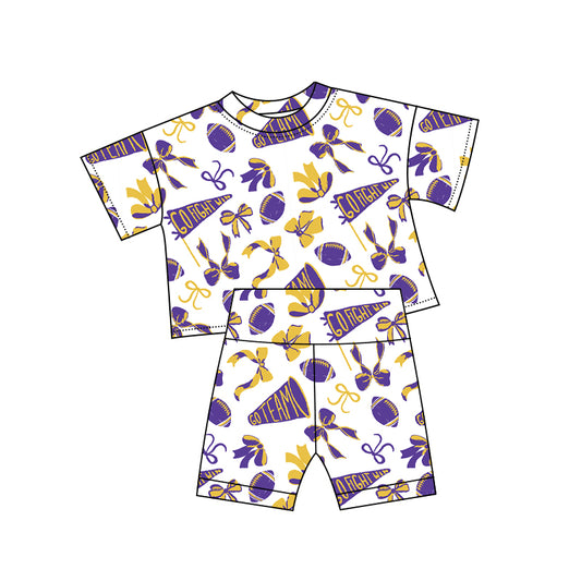 (Pre-order)GSSO2726  Purple Go Team Cheer Bows Print Girls Summer Clothes Set