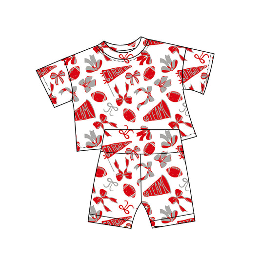 (Pre-order)GSSO2727  Red Go Team Cheer Bows Print Girls Summer Clothes Set