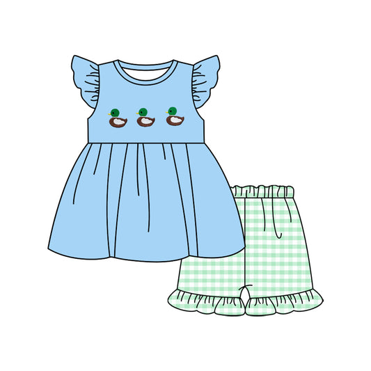 (Pre-order)GSSO2728  Duck Blue Tunic Top Plaid Shorts Girls Summer Clothes Set