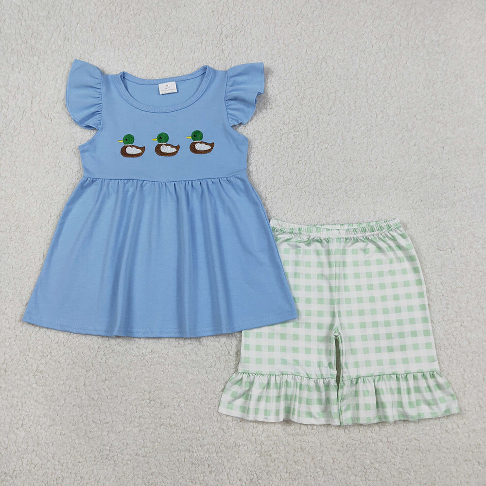 GSSO2728  Duck Embroidery Blue Tunic Top Plaid Shorts Girls Summer Clothes Set