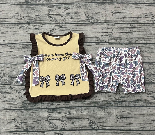 (Pre-order)GSSO2730 Jesus Loves This Country Girl Bows Top Camo Shorts Girls Summer Clothes Set