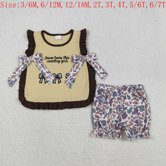 GSSO2730 Jesus Loves This Country Girl Bows Embroidery Top Camo Shorts Girls Summer Clothes Set