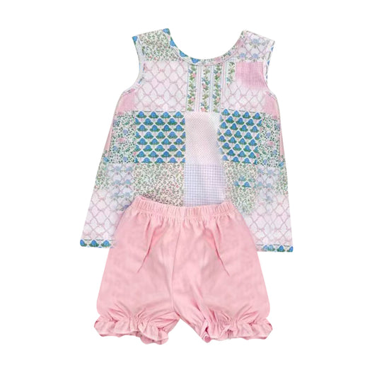 (Pre-order)GSSO2731 Flowers Plaid Top Pink Shorts Girls Summer Clothes Set