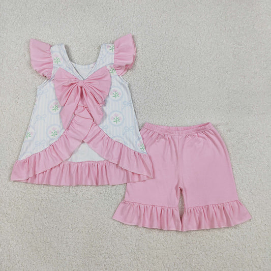 GSSO2732 Flowers Bows Stripes Backless Top Pink Shorts Girls Summer Clothes Set